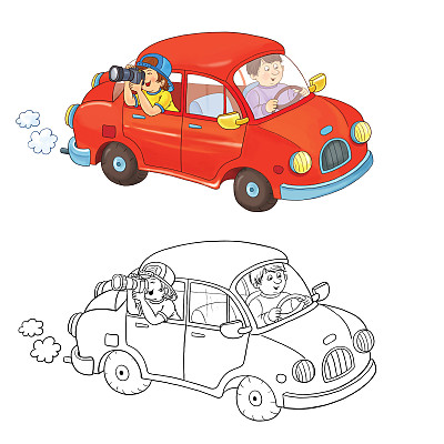 流量。汽车着色页面。对儿童插图。可爱和有趣的卡通人物图片下载