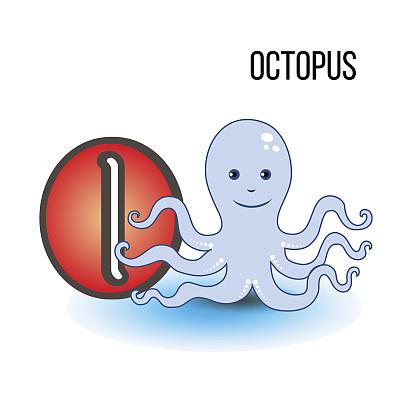 可爱动物园字母O与卡通章鱼，海洋儿童动物载体有趣的插画孤立的背景，教育儿童，学前，ABC海报学习阅读，人物设计，吉祥物图片下载
