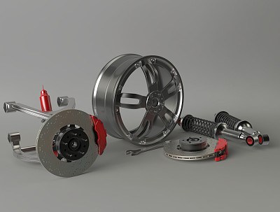 白色背景上的盘式制动器。汽车轮辋。停课。汽车零件。3 d渲染。图片下载