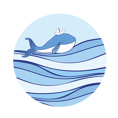 蓝鲸与纸船在头卡通插图孤立在波浪的背景，矢量彩色涂鸦动物，圆形框架，字符设计的贺卡，儿童邀请，婴儿送礼图片下载