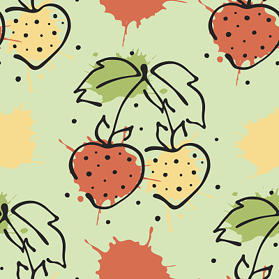 矢量水果无缝模式。草莓用叶子、装饰元素、斑点、水滴、飞溅手绘等高线和笔画素描风格，图形矢量绘图插画图片下载
