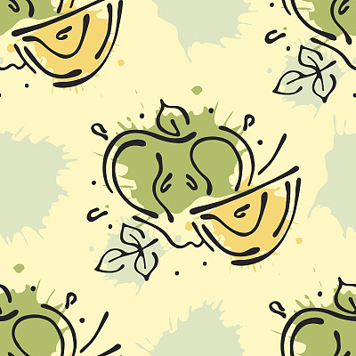 矢量水果无缝模式。苹果用树叶、装饰元素、斑点、水滴、飞溅手绘等高线和笔画素描风格，图形矢量绘图插画图片下载