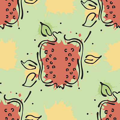 矢量水果无缝模式。石榴用叶子、装饰元素、斑点、水滴、飞溅等手绘轮廓线和笔画素描风格，图形矢量绘图插画图片下载