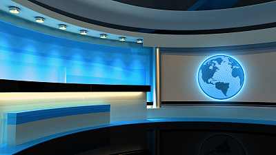 电视演播室。新闻工作室。蓝色的工作室。任何绿色屏幕或色度键视频或照片制作的完美背景。三维渲染图片下载