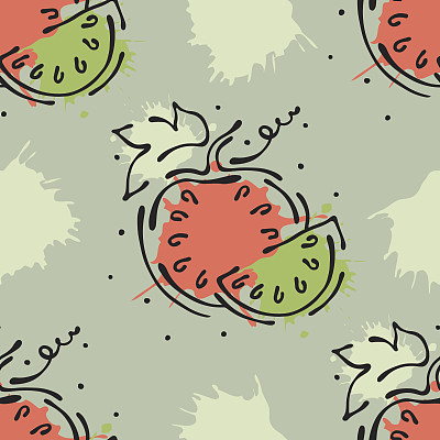 矢量水果无缝模式。西瓜用叶子、装饰元素、斑点、水滴、飞溅等手绘等高线和笔画写生风格，矢量图形绘制插画图片下载