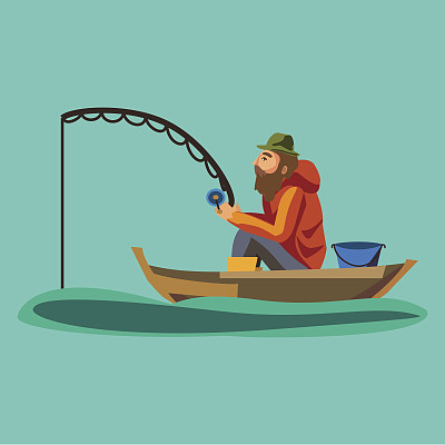 平渔人帽子坐在船上，手里拿着钓竿和渔桶，渔人钩织着旋入大海等大鱼的搞笑矢量插图，渔人主动旗帜概念图片下载