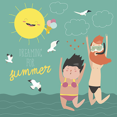 有趣的暑假。一对年轻人，男人和女人正在海的背景上跳跃图片下载