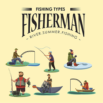 一套卡通渔民捕鱼坐渔船渔民扔鱼竿入水，快乐的渔民抓住和旋转，人拉网出水，捕鱼在冰上的图标矢量插图图片下载
