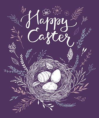 手绘矢量插图。复活节快乐!春天用鸟蛋筑巢。完美的邀请，贺卡，博客，海报和更多图片下载
