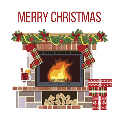 圣诞壁炉和热红酒。圣诞装饰房间图片下载