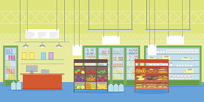 卡通室内超市或商店与家具。向量图片下载