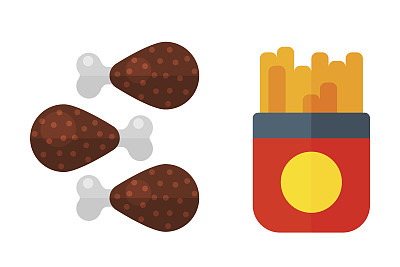 彩色的法国火卡通快餐图标孤立的餐厅美味的美国鸡腿肉和不健康的汉堡餐矢量插图图片下载