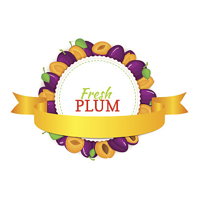 圆圆的框架由成熟的李子、水果和金色的丝带组成。图片下载