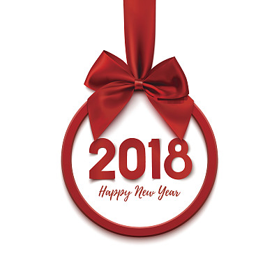 祝你2018年新年快乐，圆圆的横幅上系着红丝带和蝴蝶结。图片下载