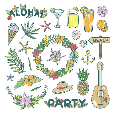 夏威夷鸡尾酒会手绘插图集。阿罗哈海滩派对夏季元素图片下载
