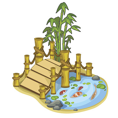 美丽的矢量湖，有鱼和竹桥图片下载