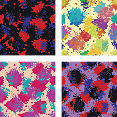 一套带有墨水飞溅、污迹、污渍和笔触的无缝图案矢量素材，用于网页背景、印刷品、壁纸、表面、包装的Grunge无限模板，重复设计元素图片下载