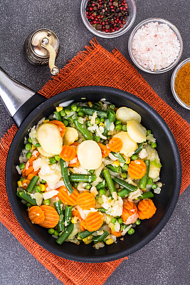 土豆和蔬菜，在煎锅里炸图片下载