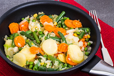 土豆和蔬菜，在煎锅里炸图片下载