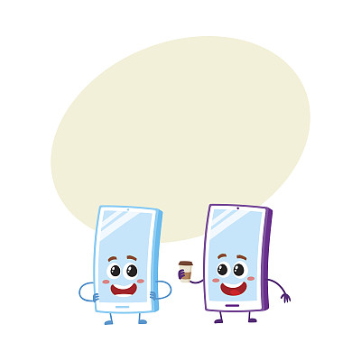 卡通手机人物，开心地笑着，拿着纸咖啡杯图片下载