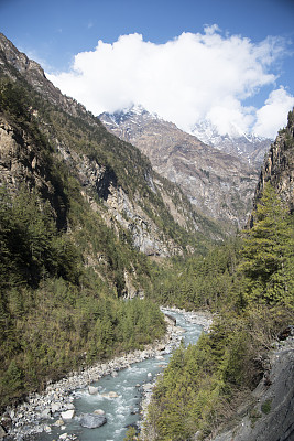 垂直照片的河流在一个山谷，尼泊尔图片下载