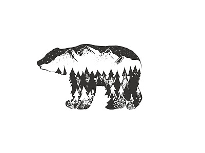 矢量插图与熊，松林和山内部。野生动物标签图片下载