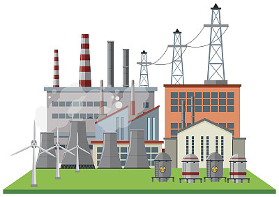有许多建筑物和涡轮机的发电站图片下载