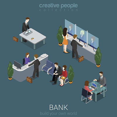 平面三维等距抽象银行办公楼楼层室内细节元素概念向量。柜台，出纳，保险库，经理，收银台，货币兑换。有创造力的人集合。图片下载