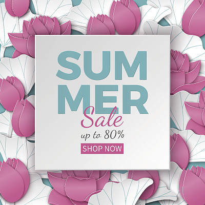 夏季销售横幅与剪纸框架和盛开的粉红色荷花在蓝色花卉背景横幅，传单，邀请，海报，网站或贺卡图片下载