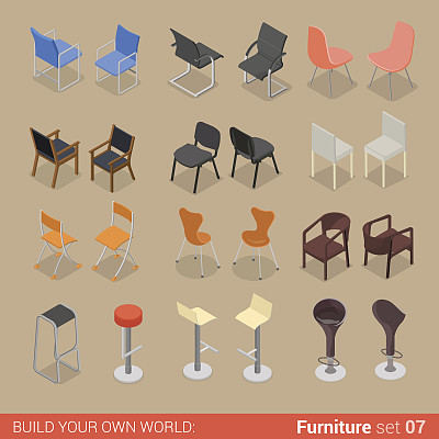 办公，家庭，酒吧，餐厅，家具，07，椅子，椅子，扶手椅，凳子，休息室，元素，平面，三维，等距，等距，概念，网页，信息图，矢量插图。创意室内物品收藏。图片下载