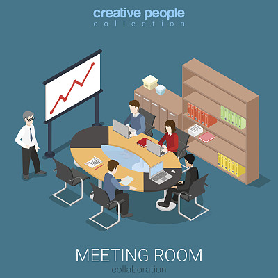 会议室演示、工作流程、平面、三维等距、等距概念、网络信息图、矢量图。内部块表团队报告扬声器。有创造力的人集合。图片下载