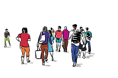 人们在城市旅游手绘卡通素描图片下载