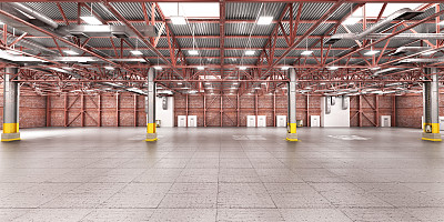 空荡荡的仓库。金属结构。三维演示图片下载