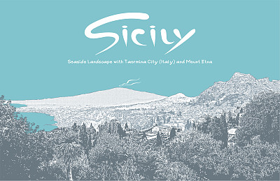 西西里——意大利美丽的岛屿。海景与埃特纳山和意大利城市(卡塔尼亚和陶尔米纳)。灰色和绿松石色图像。图片下载