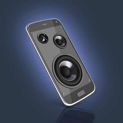 音乐智能手机手机音乐应用手机和扬声器在深蓝色渐变背景与反射3d图片下载