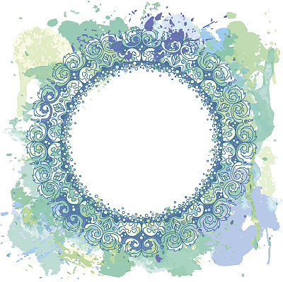 花边圈装饰框架上的水彩飞溅背景+空白文字，照片图片下载