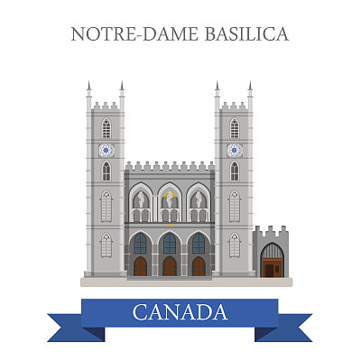 加拿大蒙特利尔的圣母院大教堂。平面卡通风格的历史景点展示景点网站矢量插图。世界各国城市度假旅游观光北美收藏图片下载