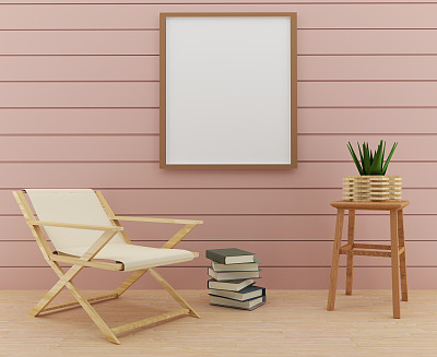 模拟的框架照片与椅子设计和桌子装饰在3D渲染图片下载