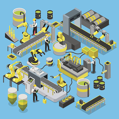 化工生产输送车间。平面三维等距重型机器人工业机械图标集概念网络信息图矢量插图。使自动化机械手机器人。有创造力的人收藏图片下载