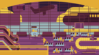 商务人士在机场候机楼里坐着走着，是商务旅行的概念。平面设计矢量图图片下载