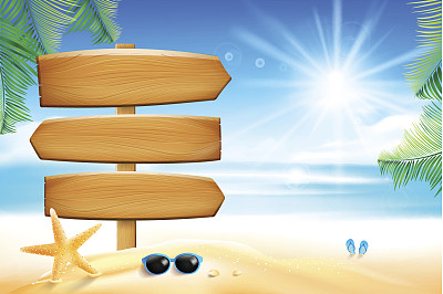 空白的木制标志，海星花，棕榈叶沙，copyspace和夏季海滩元素之上的云和蓝天背景矢量插图001图片下载