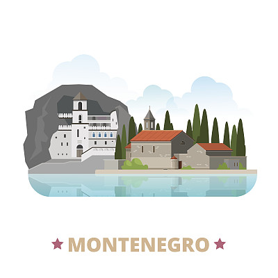 黑山国家设计模板。平面卡通风格的历史景观展示网站矢量插图。世界度假旅行欧洲欧洲收藏。圣乔治岛的奥斯特罗修道院。图片下载