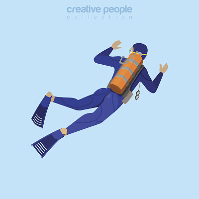 等距潜水员在水下的后视图。平面3d等距样式。有创造力的人集合。图片下载