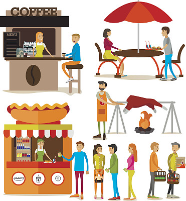 向量组卡通人物人物和街头小吃摊孤立在白色的背景。图片下载