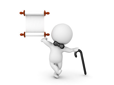 3D字符与黑色领结，倚在一根手杖和持有卷轴图片下载