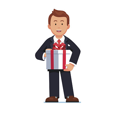 商人拿着带有红色丝带蝴蝶结的礼盒图片下载