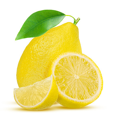 柠檬。果具一半和叶孤立在白色上图片下载
