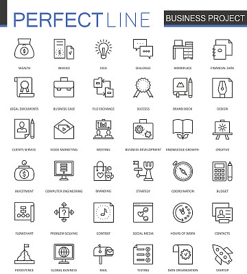 业务项目细线网页图标集。轮廓笔画图标设计。素材图片