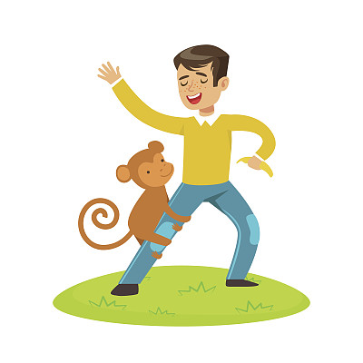 可爱的快乐的男孩站在外面和猴子玩。彩色卡通人物矢量插图图片下载