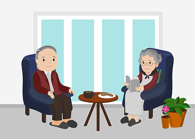 一个上了年纪的男人和女人坐在客厅里的插图。图片下载
